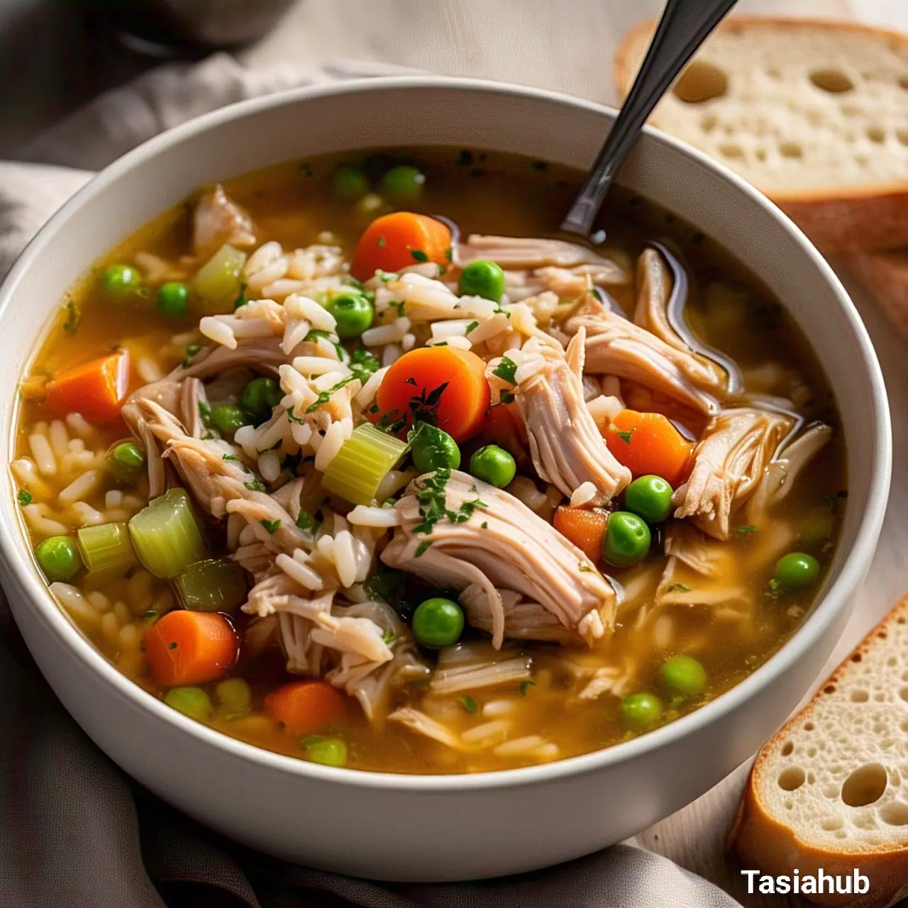 A serving of turkey soup with rice