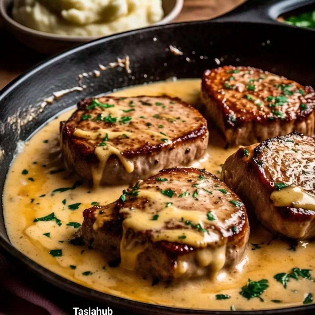 A skillet of boursin pork chops