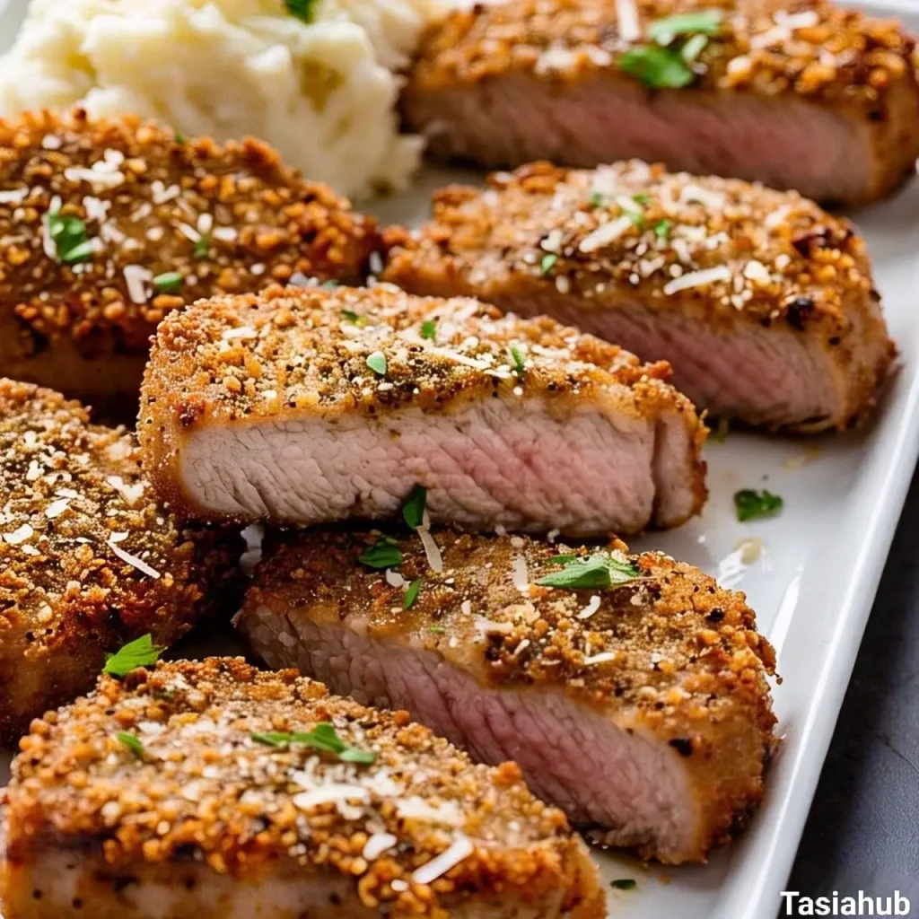 A tray of baked breaded pork chops