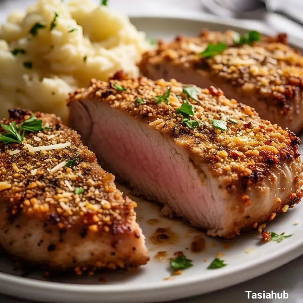 Baked breaded pork chops with a side of potatoes