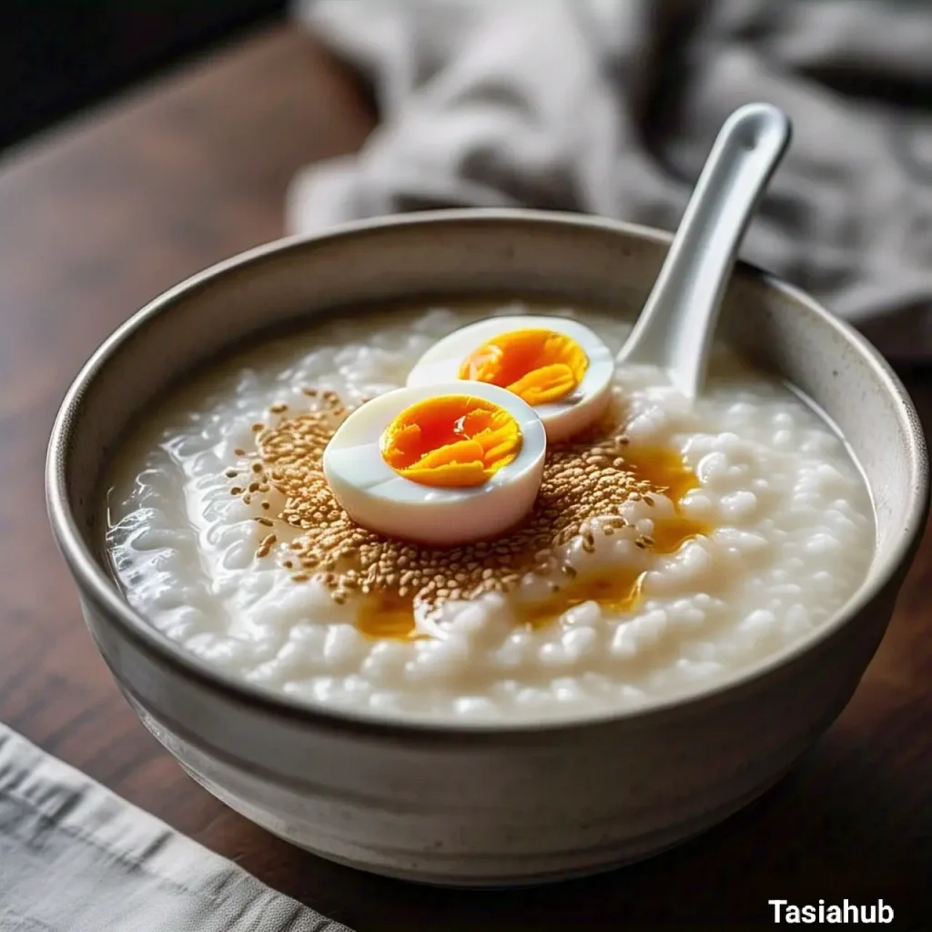 Creamy rice porridge with a topping of boiled egg