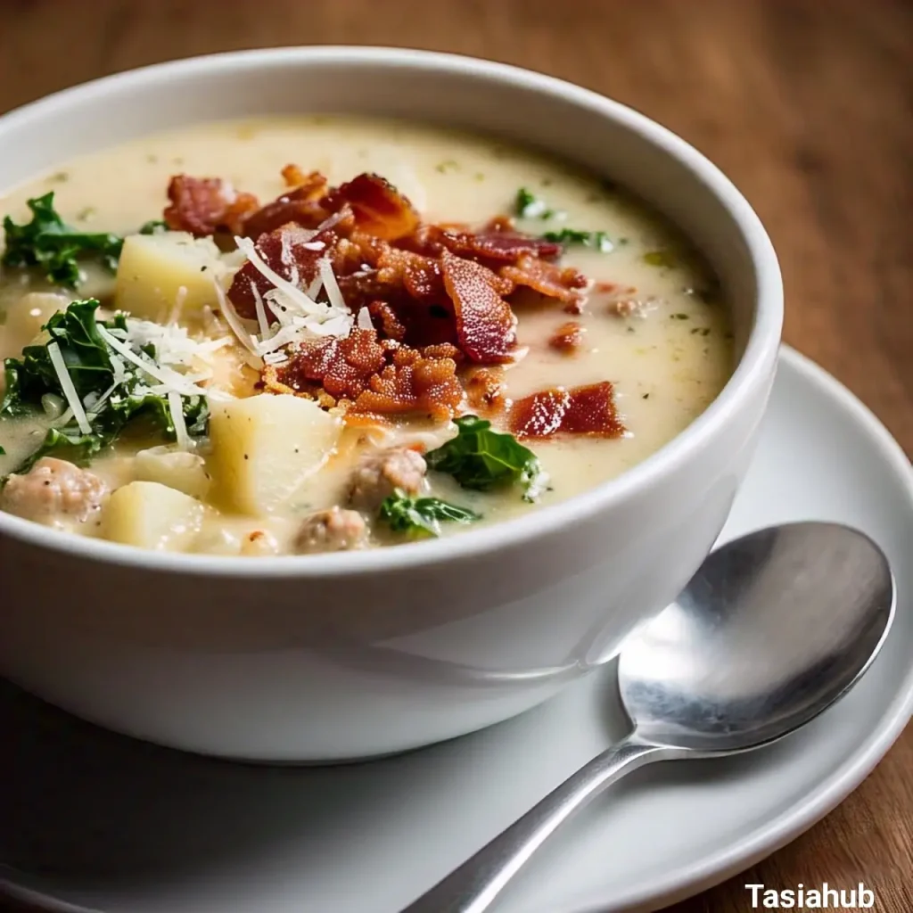 Creamy zuppa Toscana soup served in a white bowl