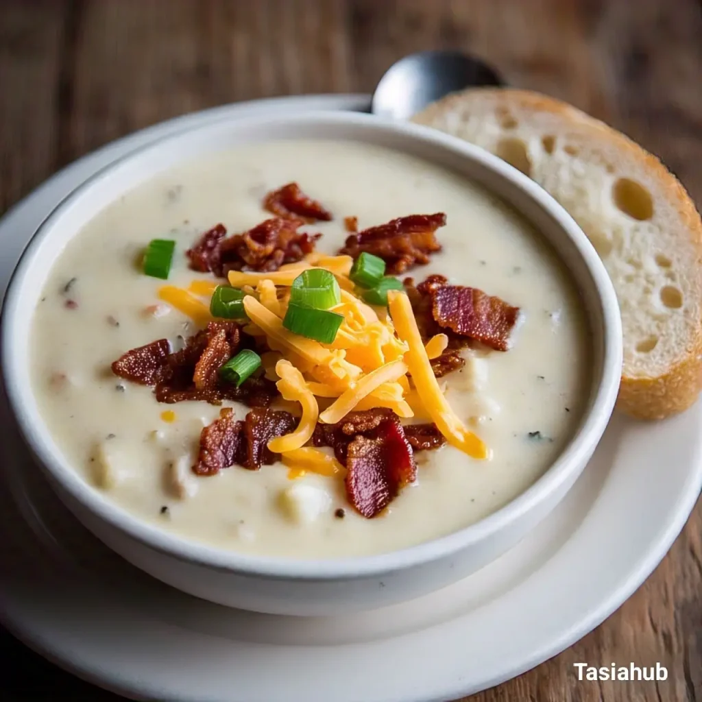 Loaded baked potatoes soup served in a white bowl