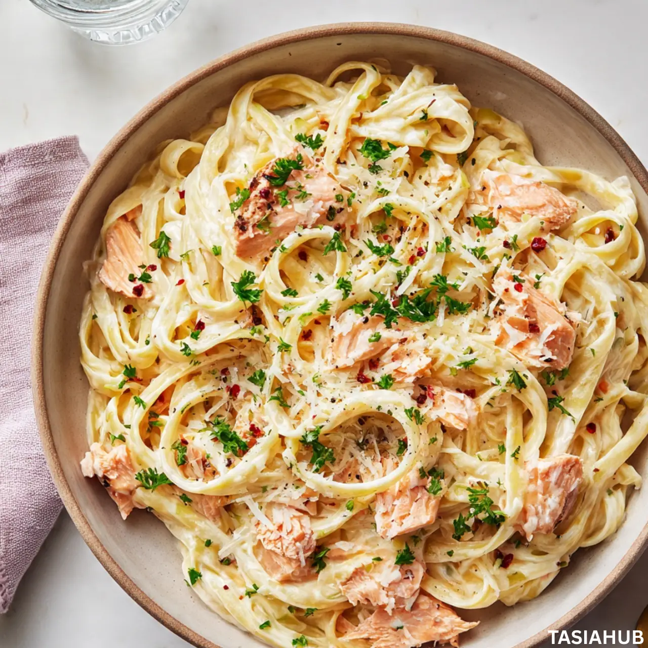 Salmon Alfredo pasta