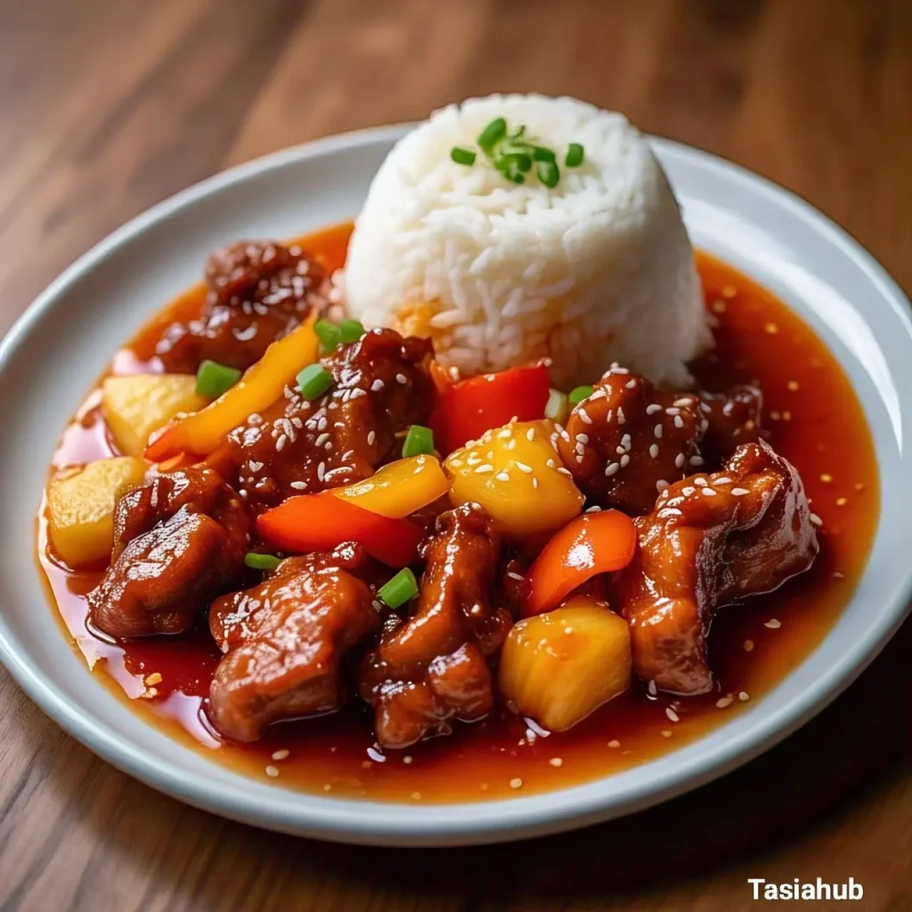 Sweet and sour pork chops served alongside fluffy