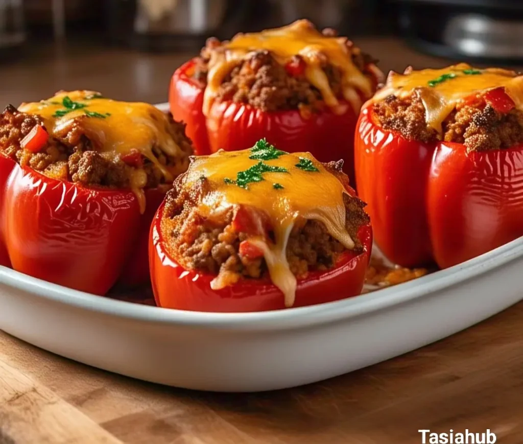 a serving of ground beef stuffed peppers