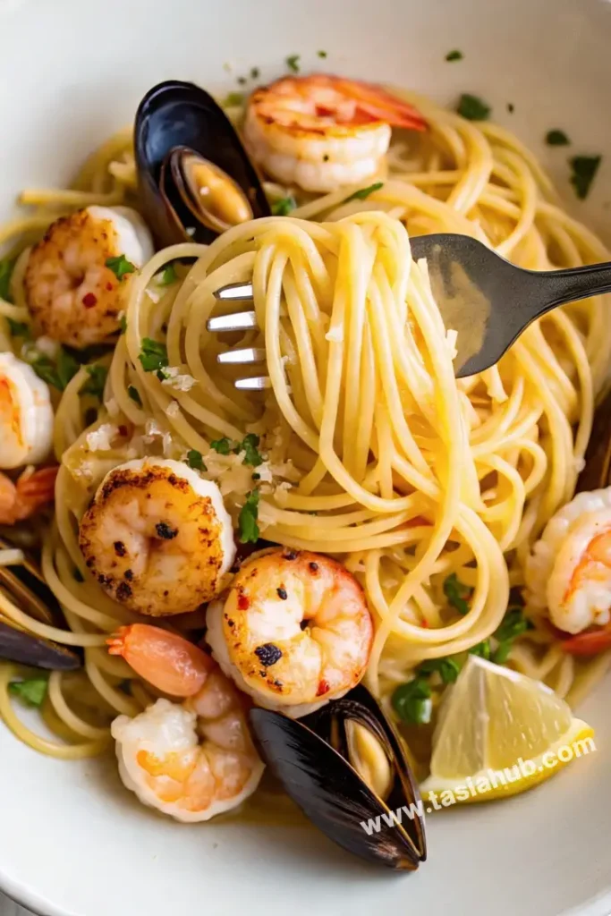 a serving of seafood pasta