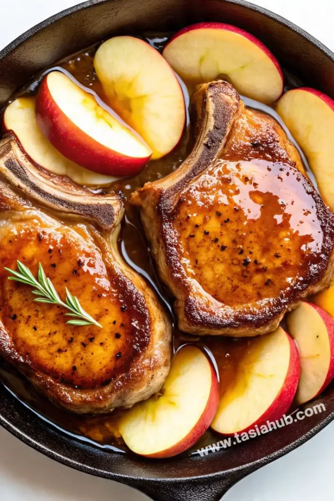 a skillet of apple cider pork chops