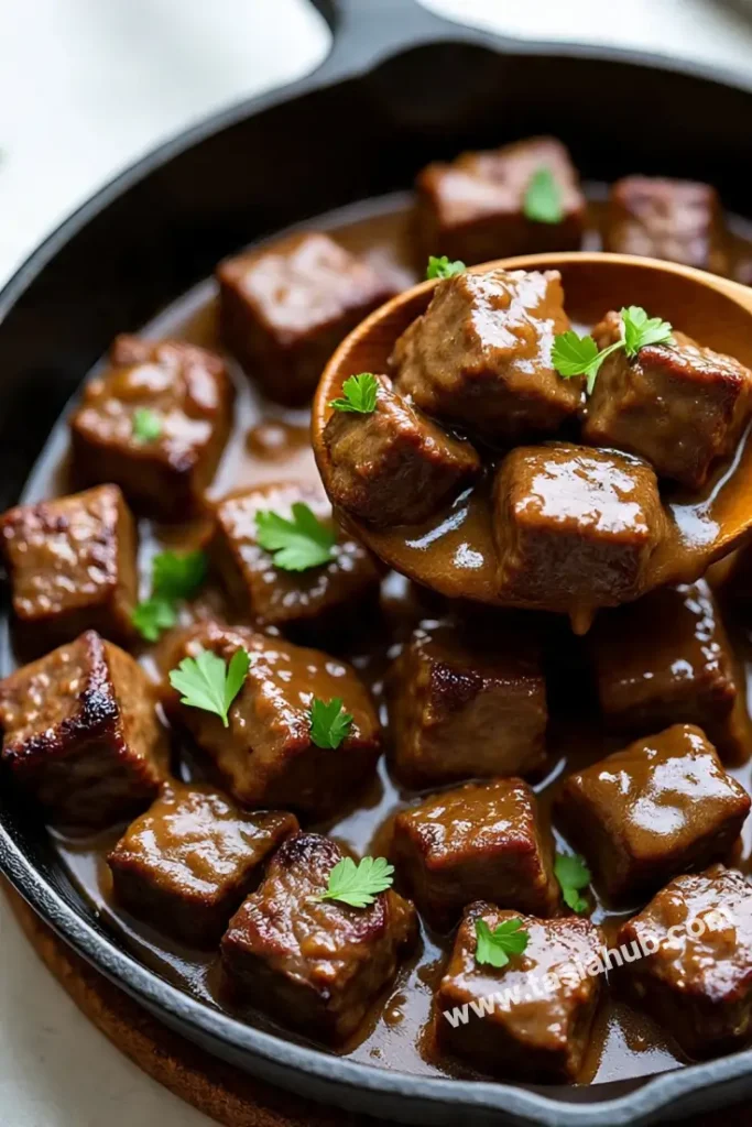 a skillet of beef tips
