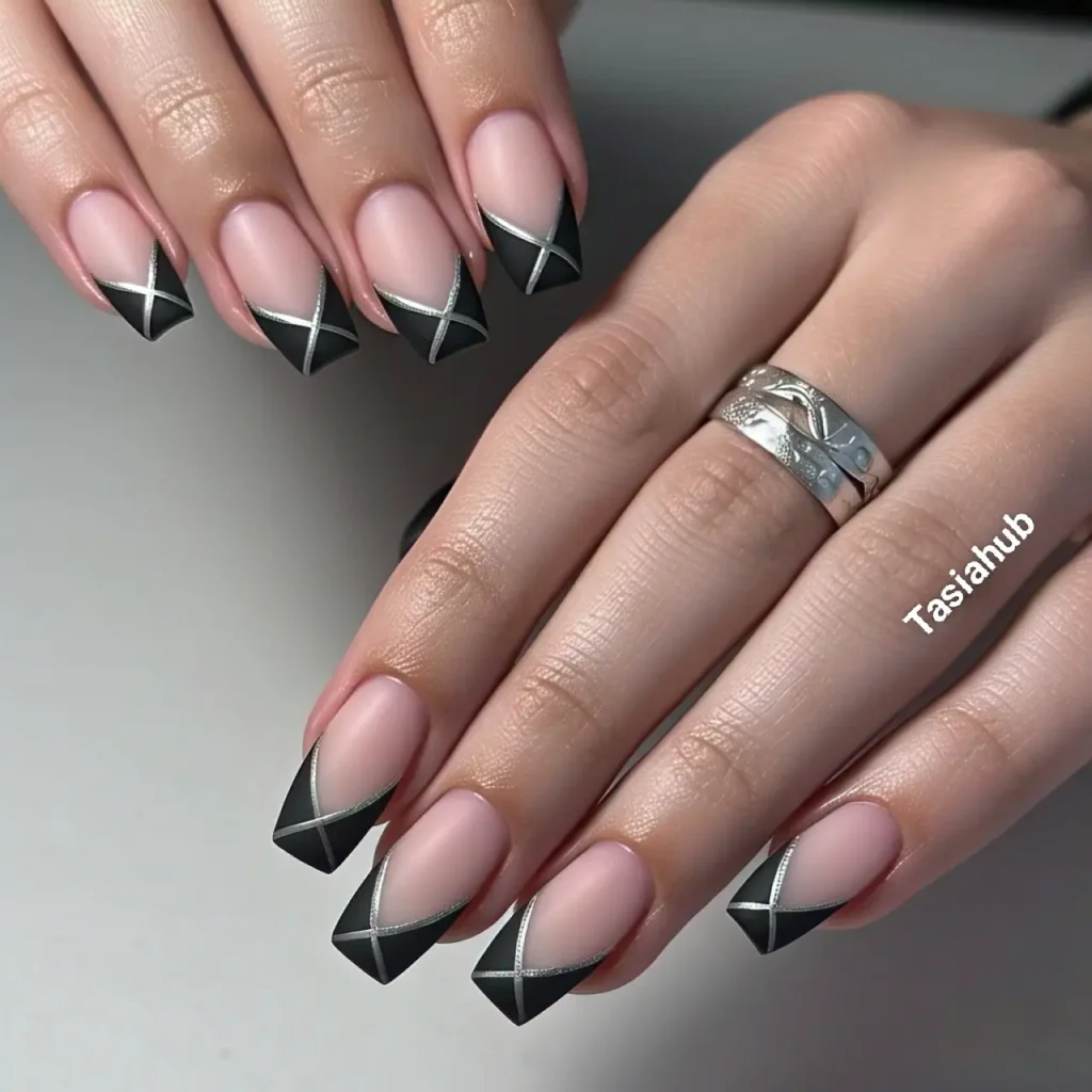 black french tips with silver accents