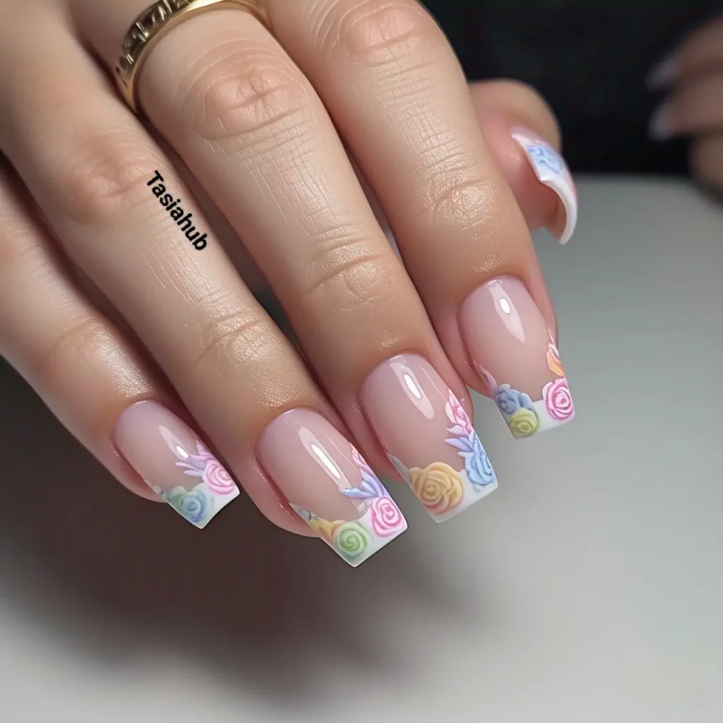 french tips with floral accents