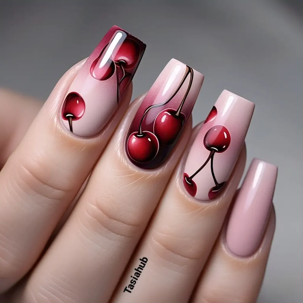 monochrome cherry nails