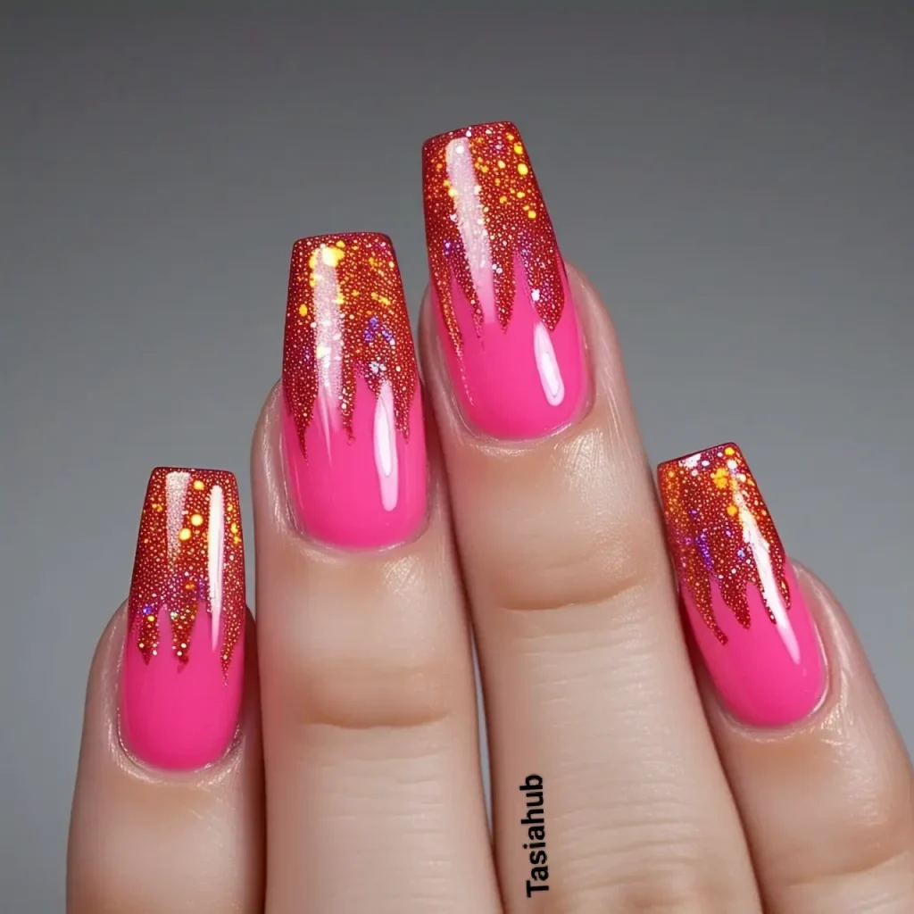 neon pink with glitter tips 2