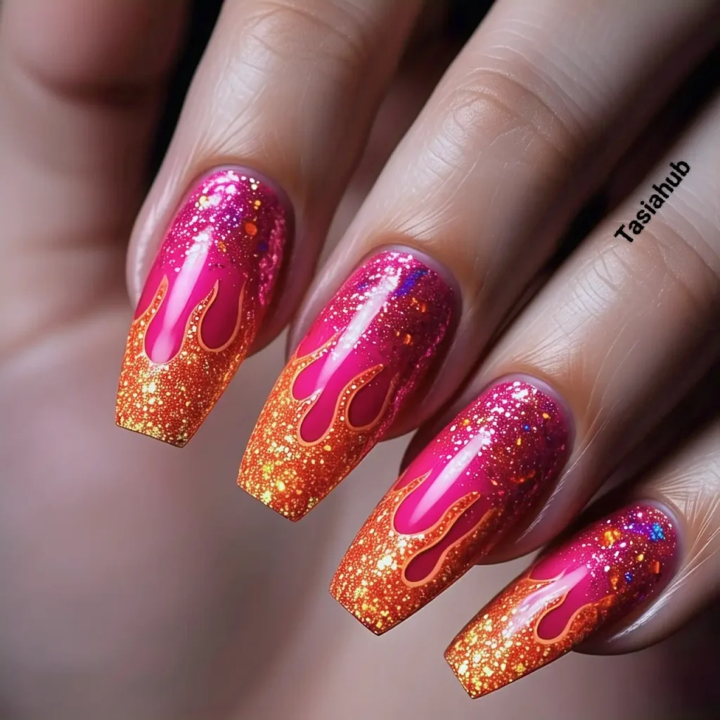 neon pink with glitter tips 4