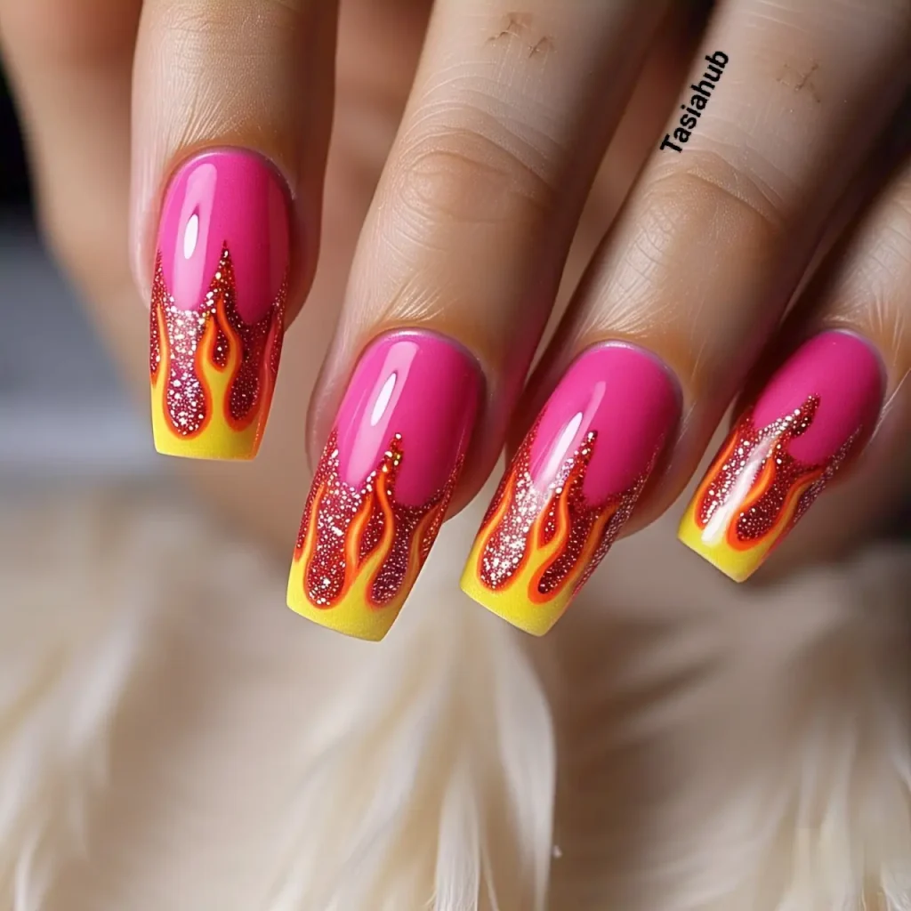 neon pink with glitter tips 5