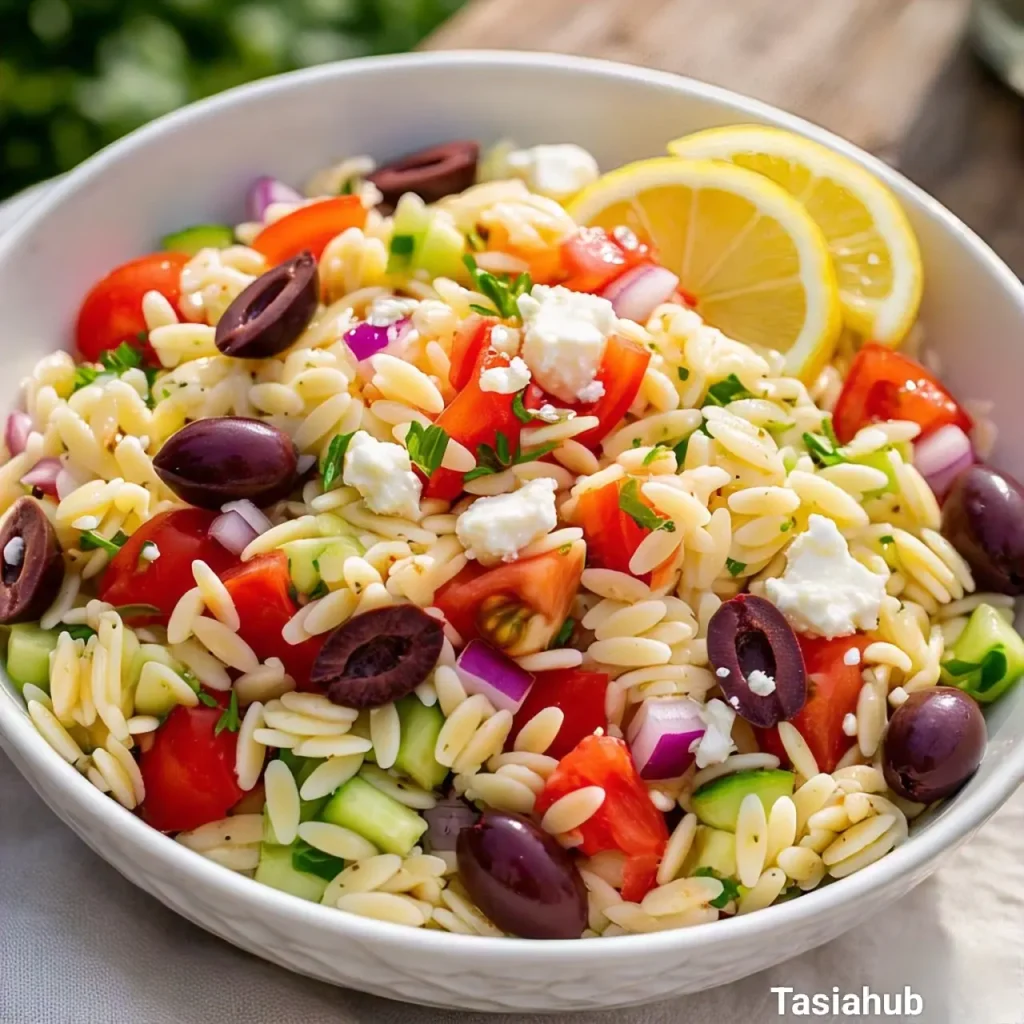 A bowl of orzo pasta salad