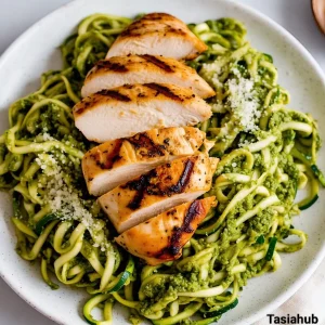 Zucchini noodles with pesto and grilled chicken