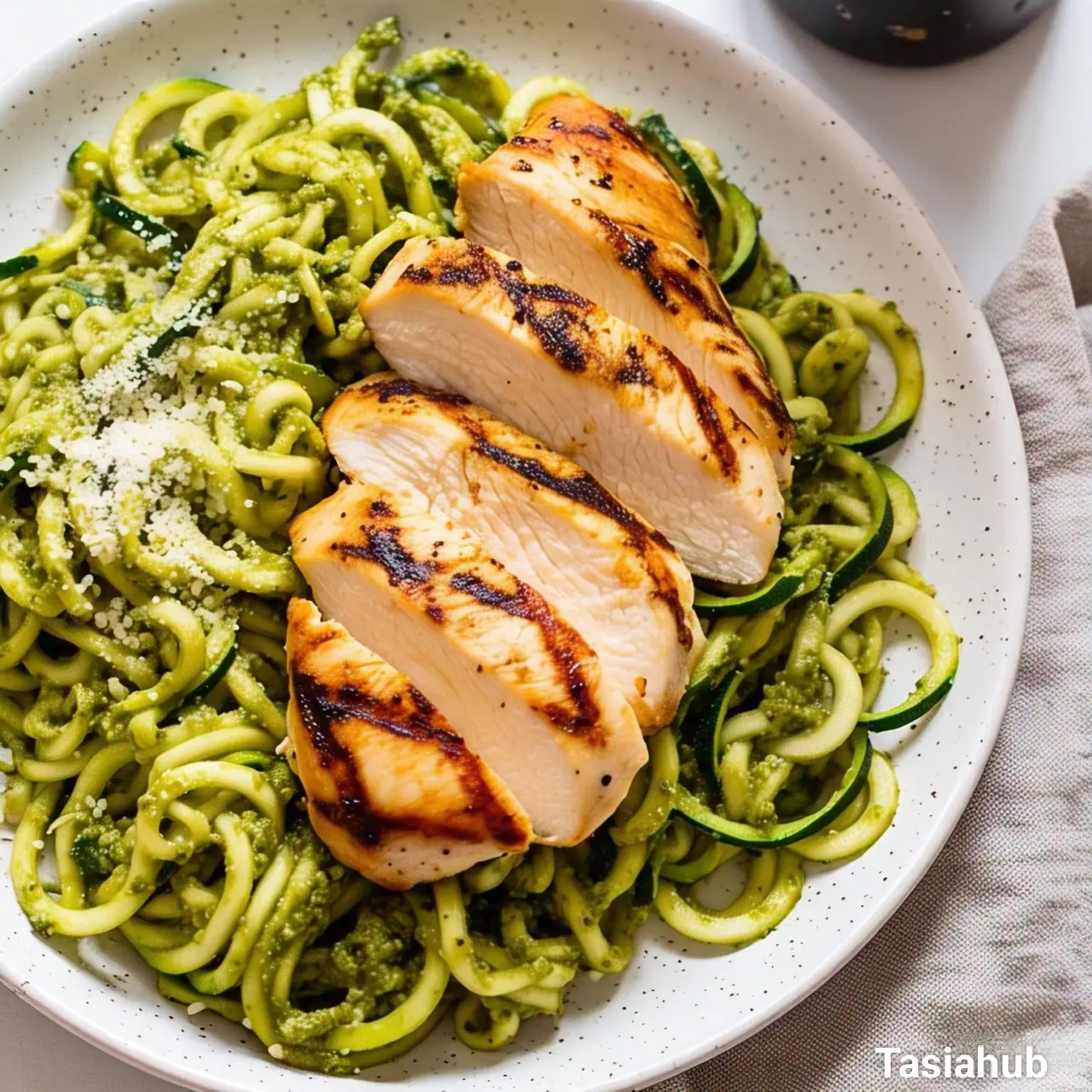 pesto pasta and grilled chicken breast