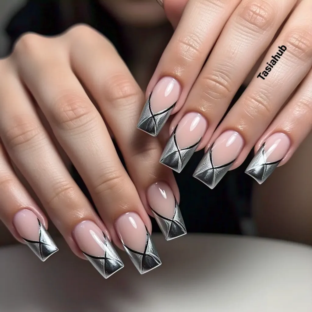silver chrome outlined french tips