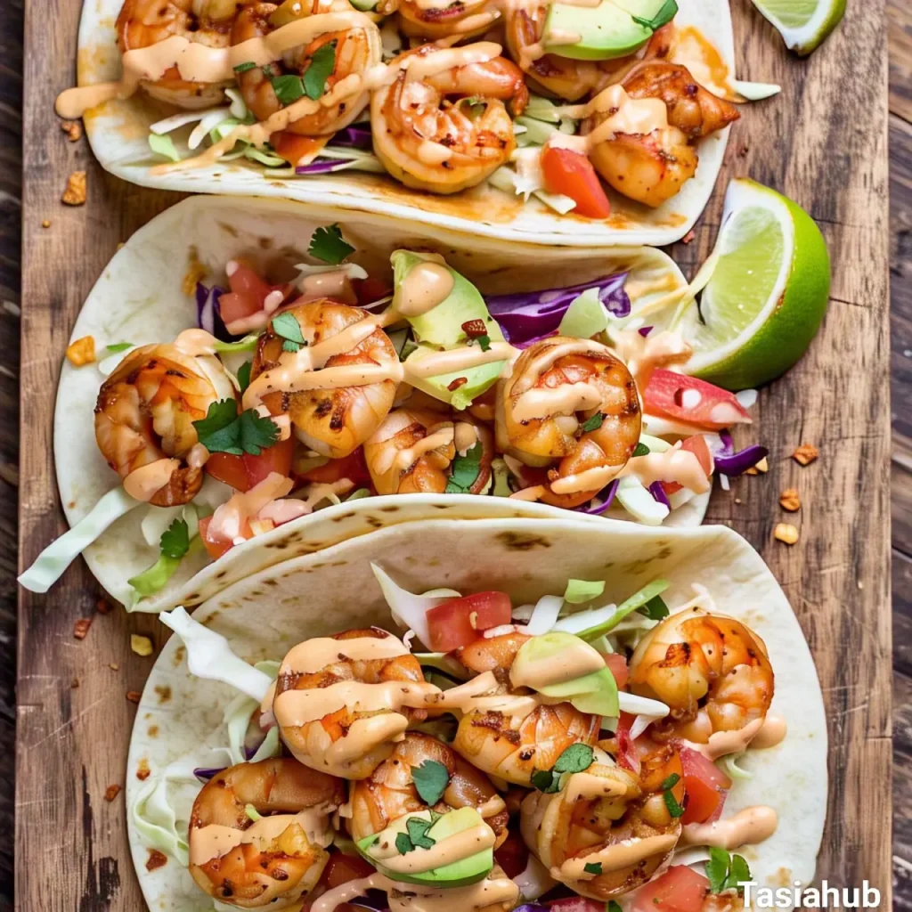 A board of spicy shrimp tacos