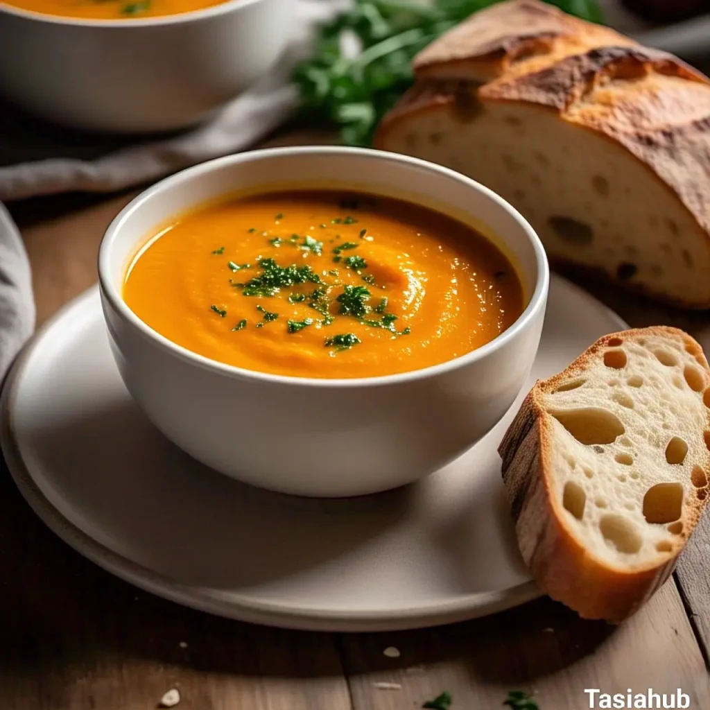 A bowl of carrot soup with a side of bread