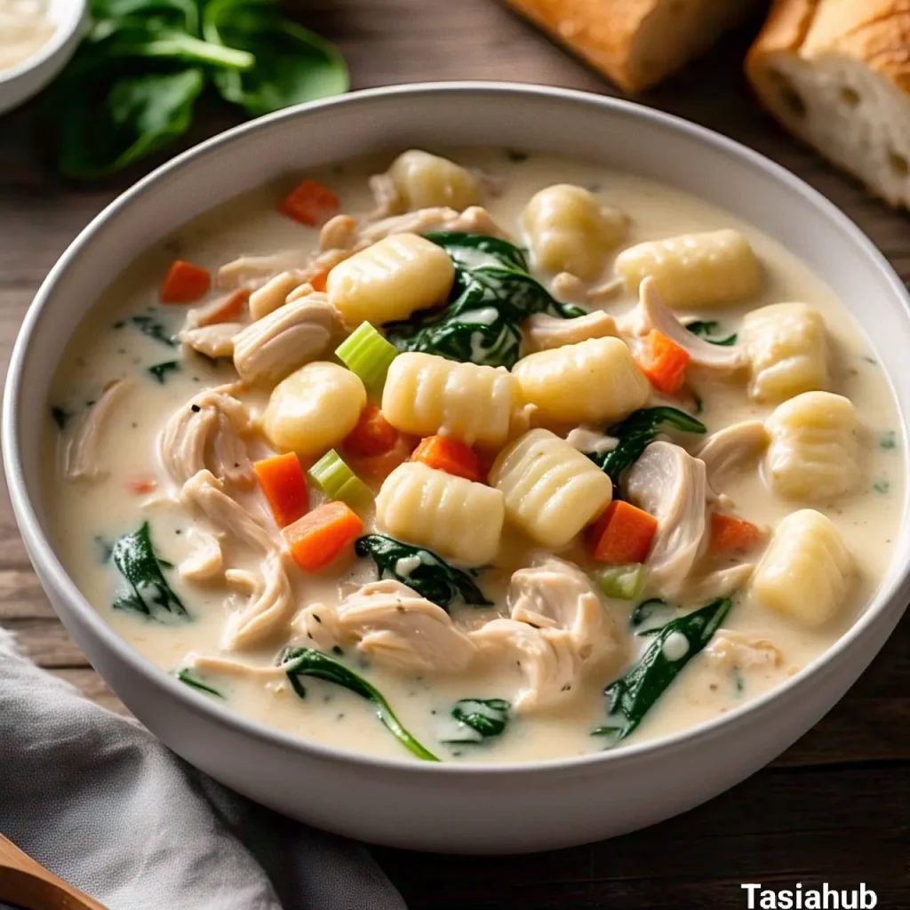 A bowl of chicken gnocchi soup