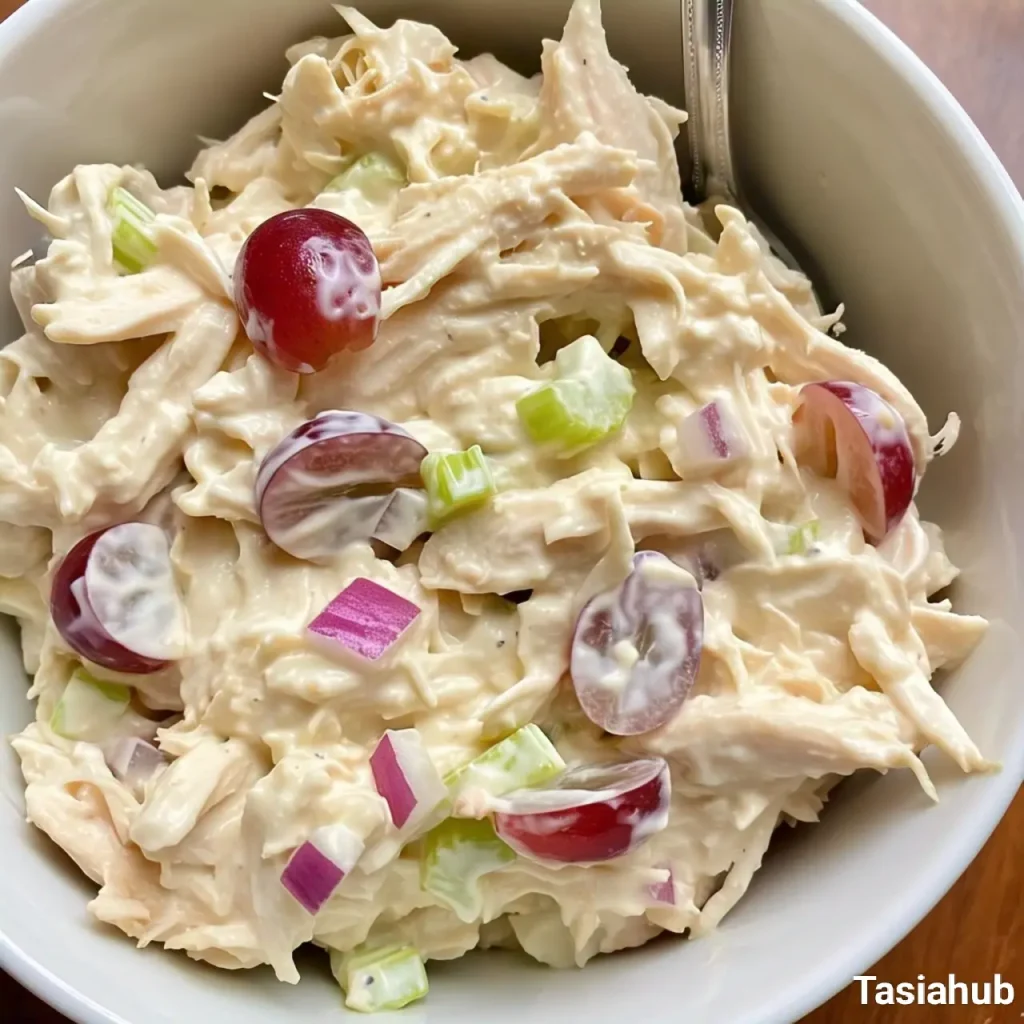 A bowl of creamy chicken salad