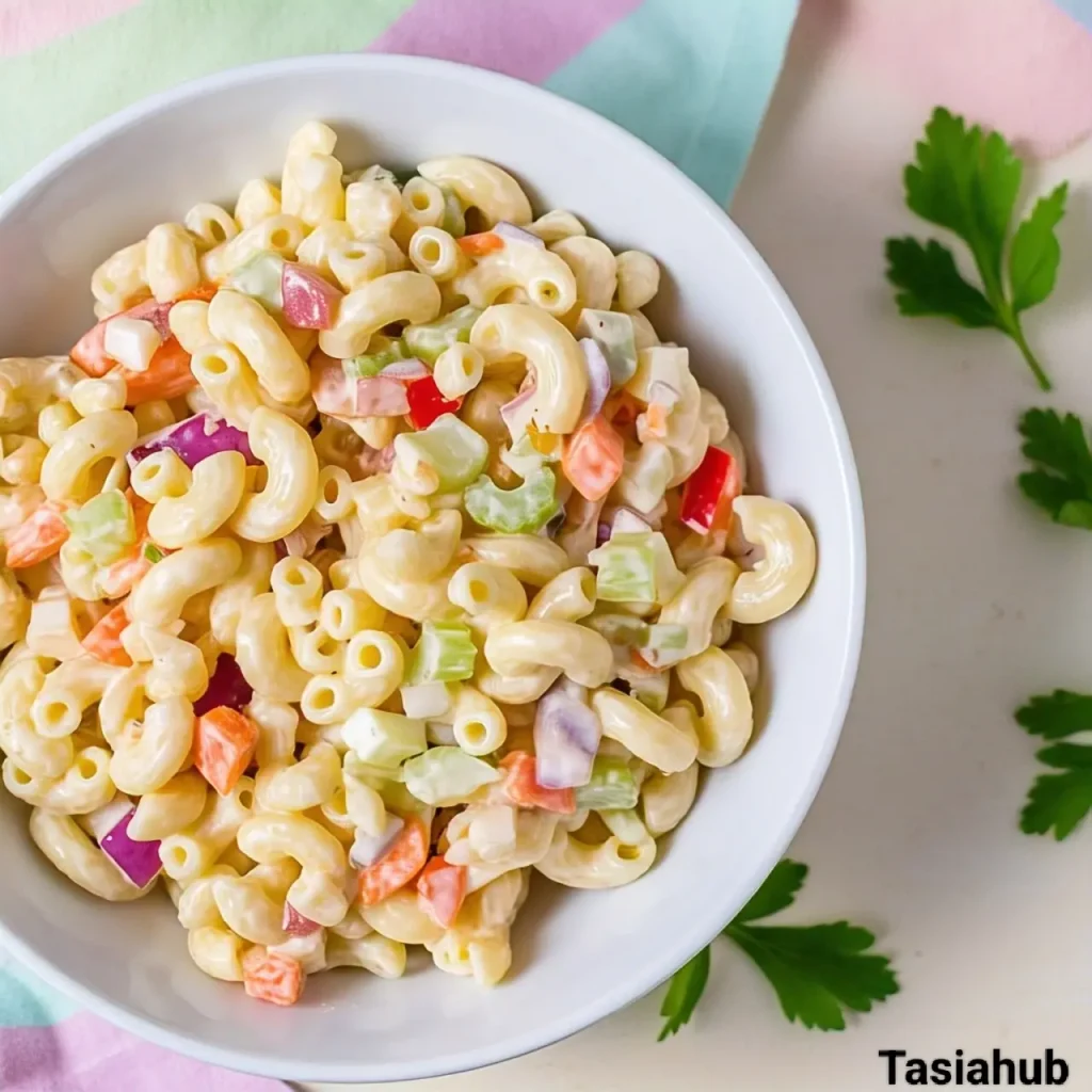 A bowl of creamy macaroni salad