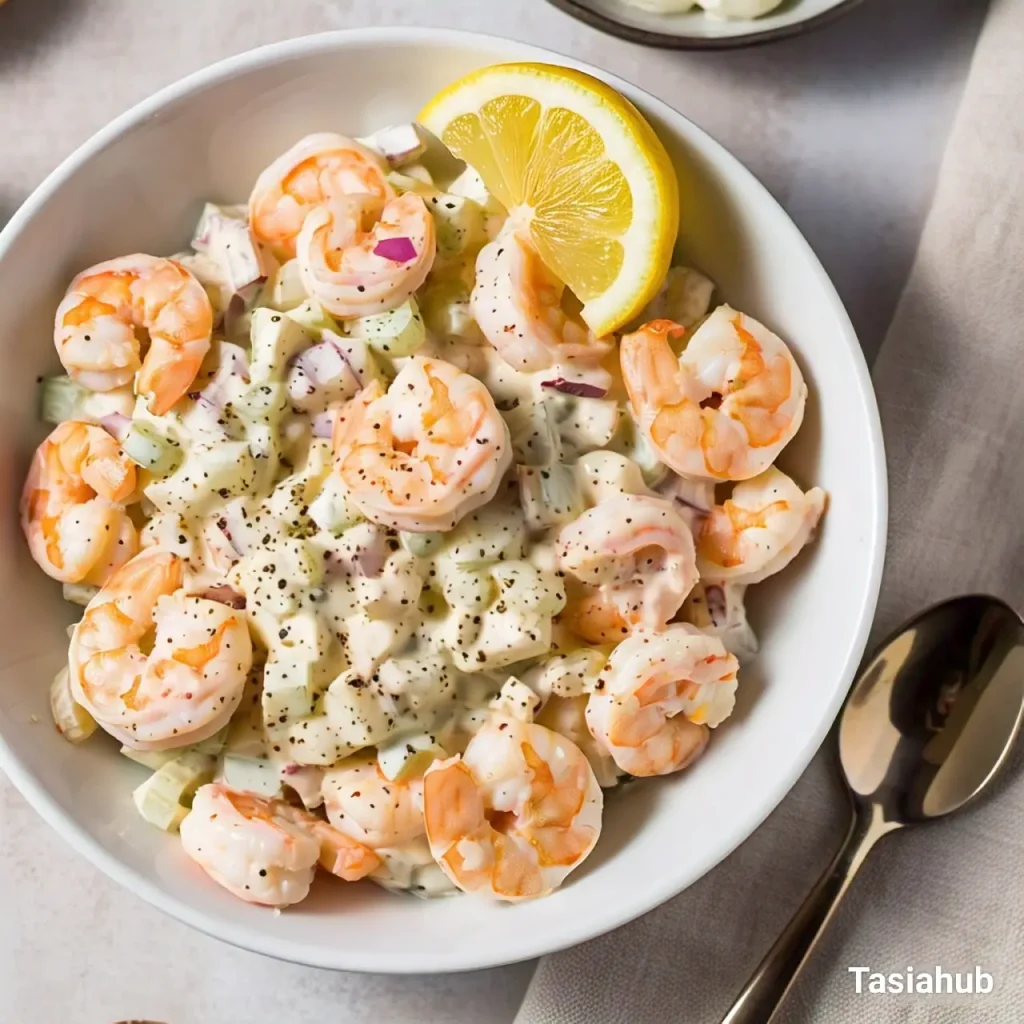 A bowl of creamy shrimp salad
