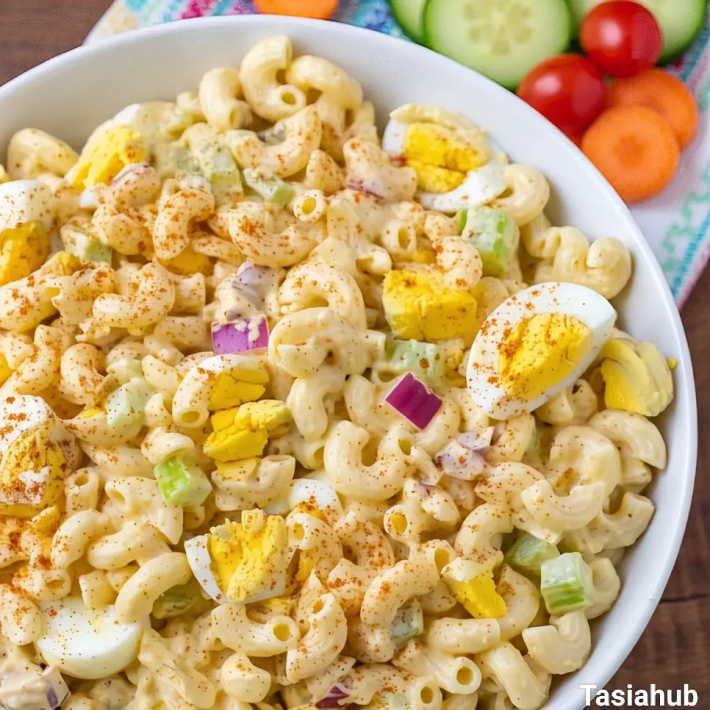 A bowl of deviled egg pasta salad