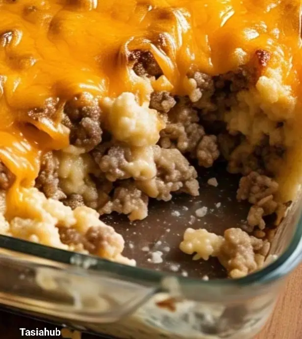 A casserole dish of grits and sausage