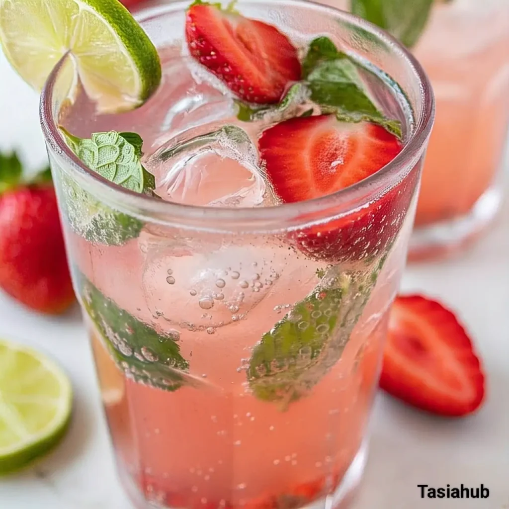 A glass of strawberry mojito