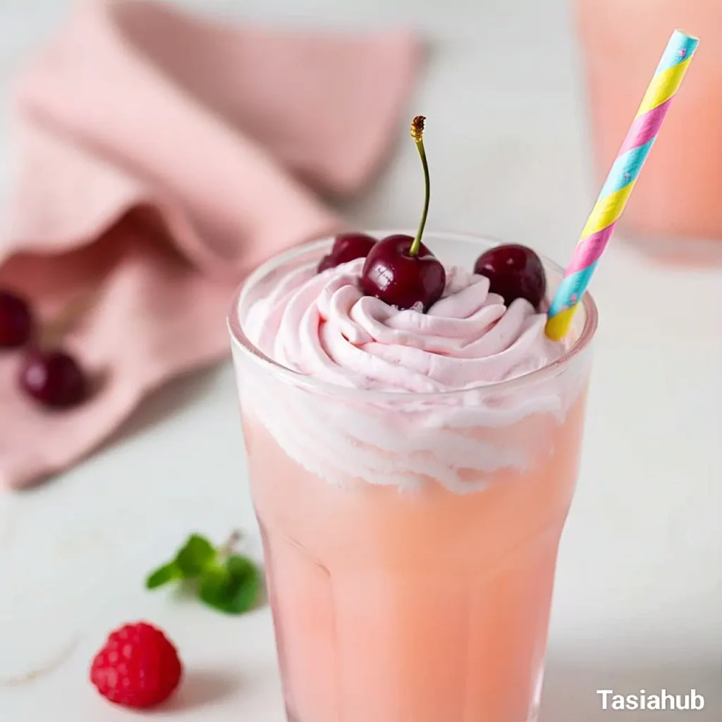 A glass of whipped pink lemonade