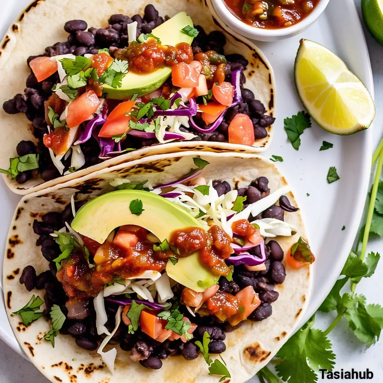 A platter of black bean tacos