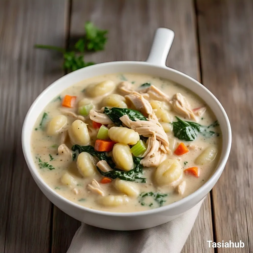 A serving of chicken gnocchi soup