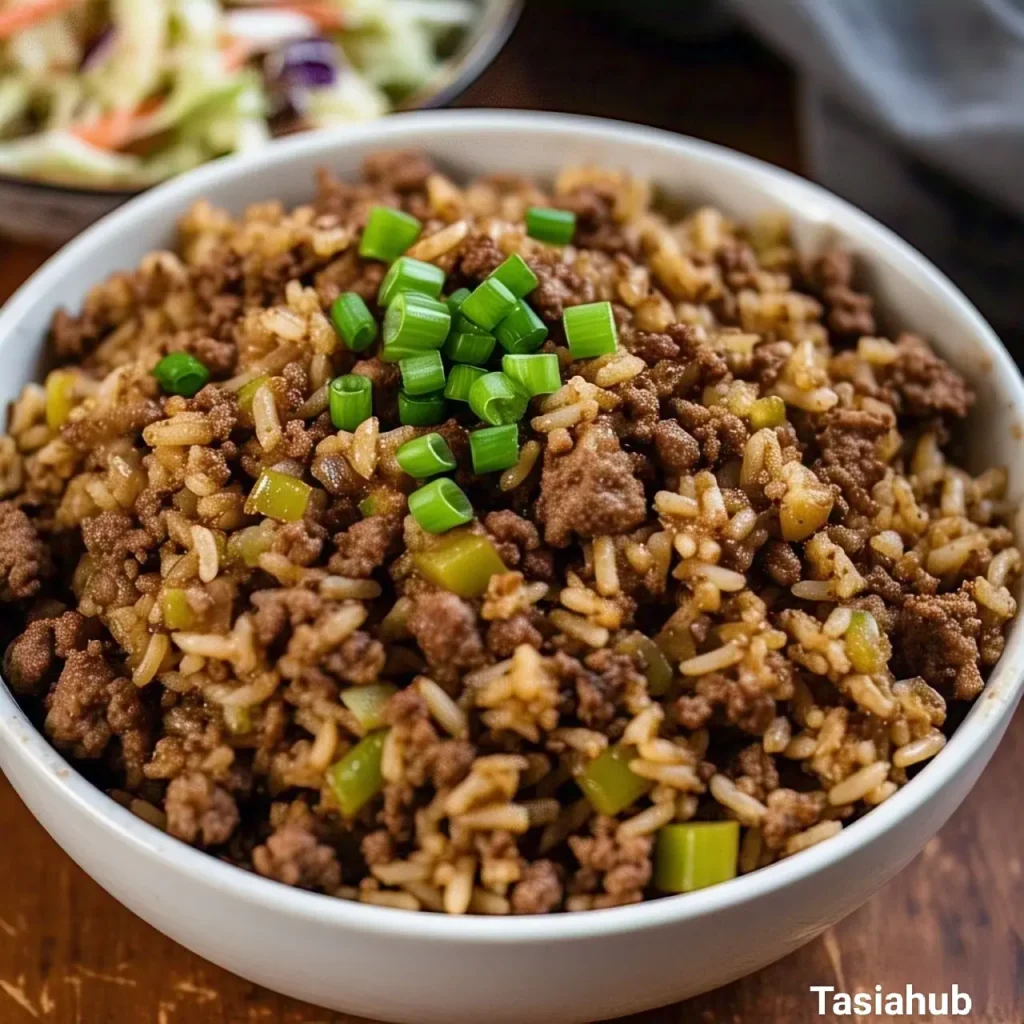 A serving of dirty rice with coleslaw