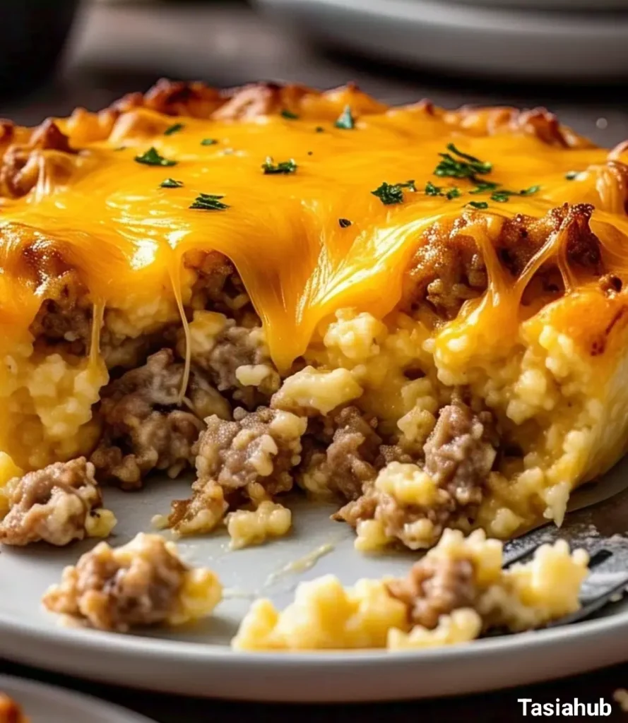 A serving of grits and sausage casserole