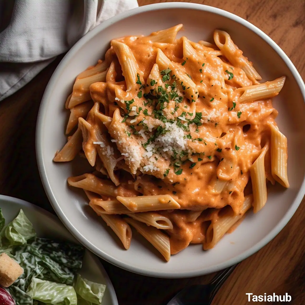 A serving of pink sauce pasta