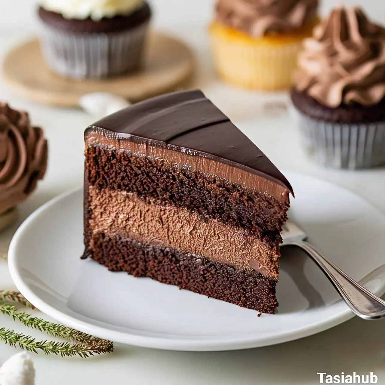 A slice of chocolate mousse cake