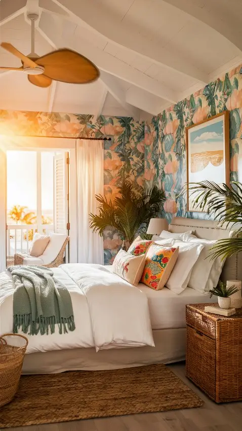 Summer Bedroom Decor With Tropical Floral Wallpaper and Soft Pastel Hues