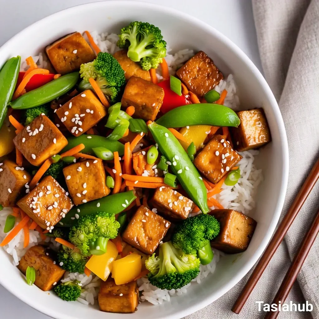 Tofu stir fry over a bed of rice