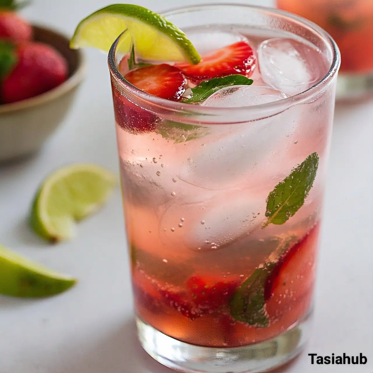 A glass of strawberry mojito