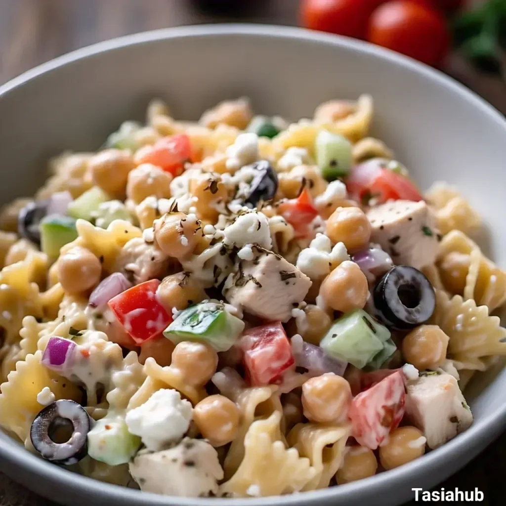 a bowl of high protein pasta salad