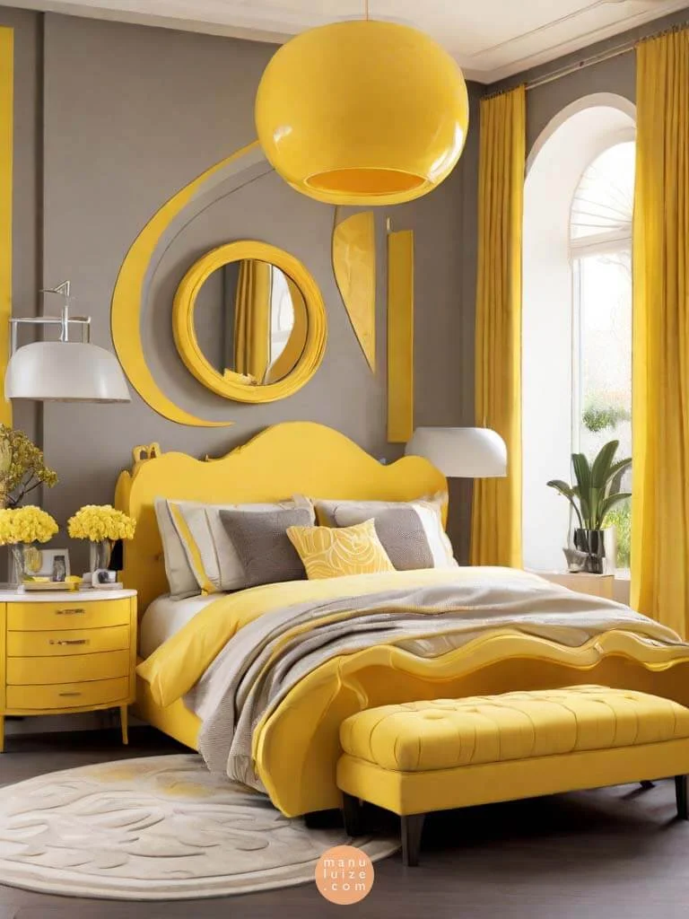 modern bedroom grey yellow