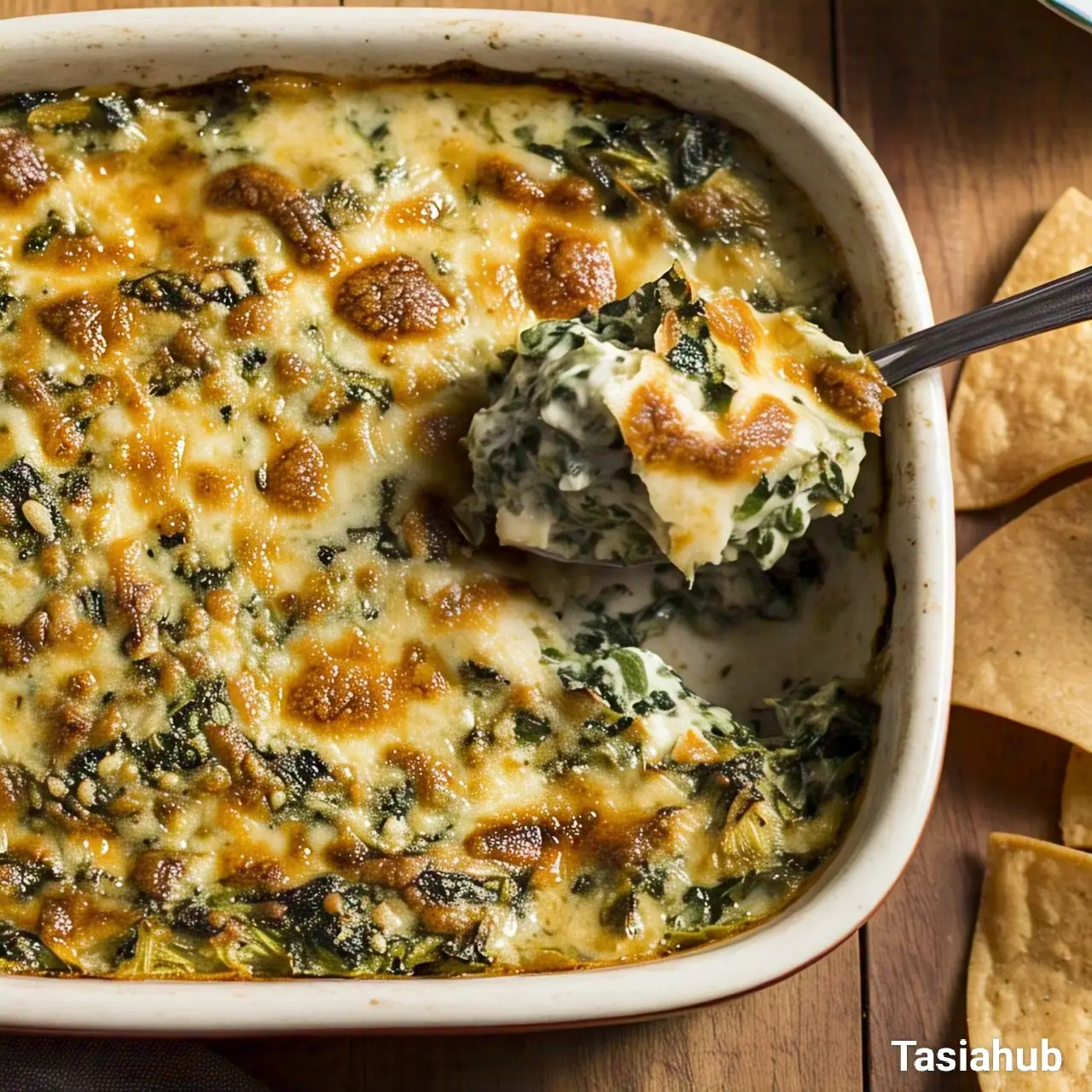 spinach artichoke dip in a baking dish