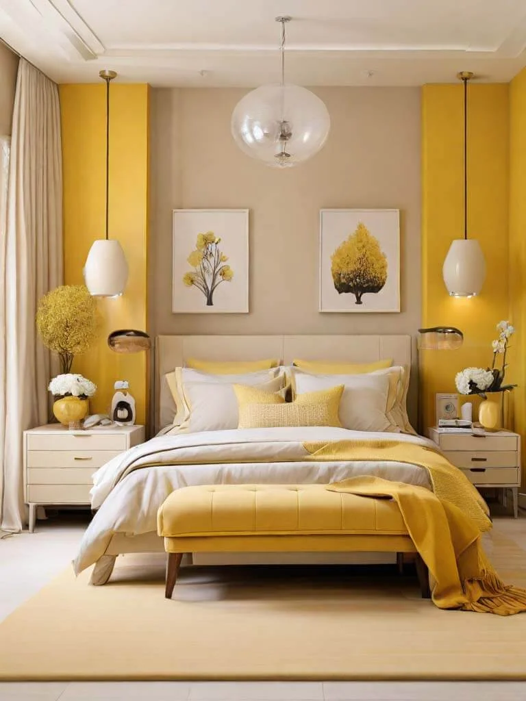 yellow beige bedroom decor