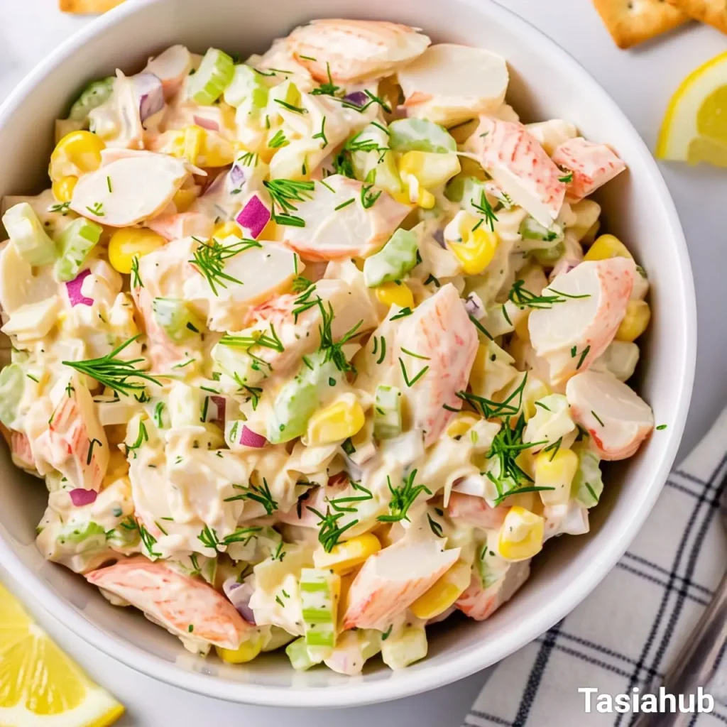 A bowl of creamy crab salad