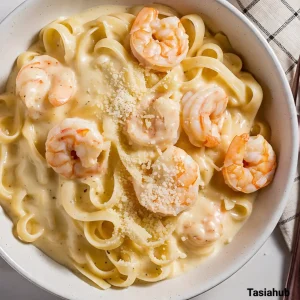 Creamy shrimp fettuccine pasta with homemade Alfredo sauce
