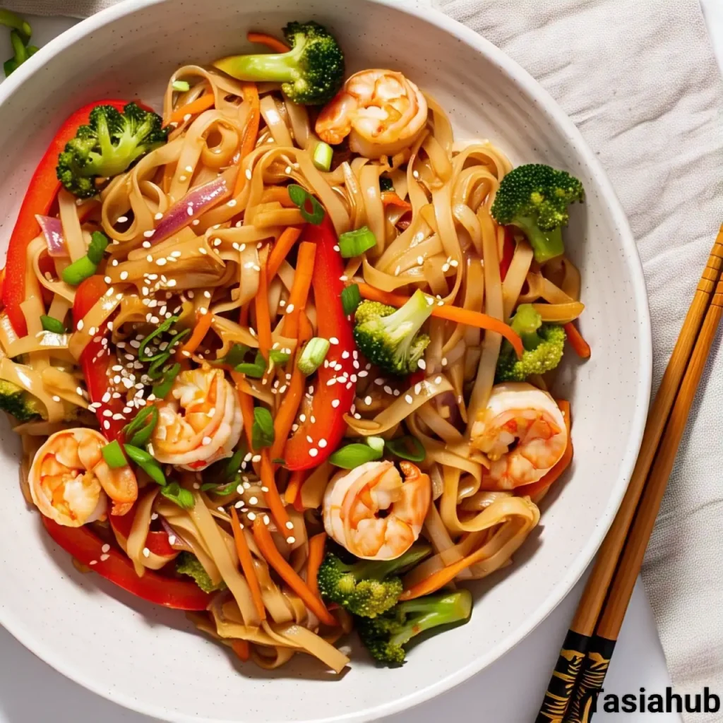 A bowl of rice noodle stir fry