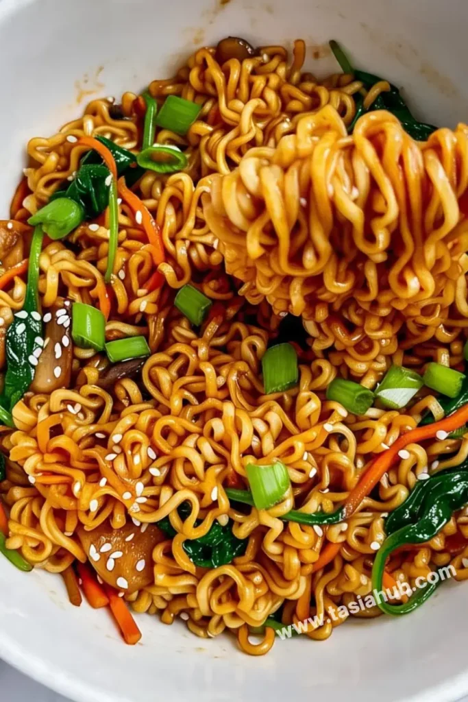A bowl of saucy ramen noodles